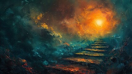 Fototapeta premium A conceptual painting of a path leading to a bright light, representing a spiritual journey.