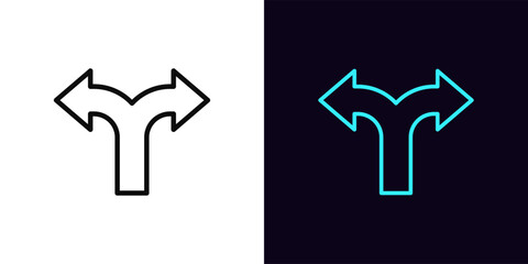 Outline fork arrow icon, with editable stroke. Split arrow sign. Two way pointer, double road, forked arrow, split traffic direction, double pathway, two direction to move, crossroad. Vector icon