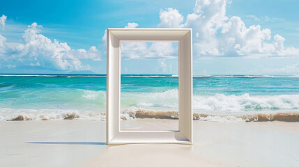A white picture frame against a beach with white sand and blue waves