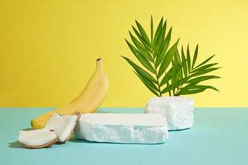 Banana and coconut products advertising template on yellow background, a blank plaster showcase...