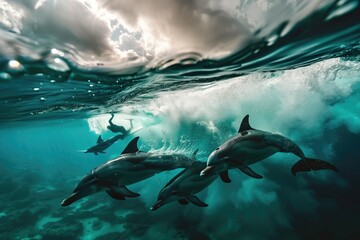 Naklejka premium dolphins swimming underneath sailboat, above and below perspective