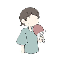 うちわであおぐ汗だくの男性