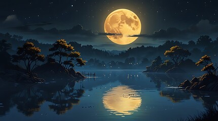  full moon rising over a lake, with a forest on the shore and a starry sky above.