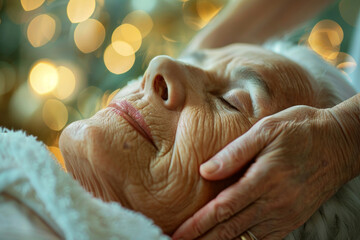 Naklejka premium Senior woman enjoying a peaceful head massage, representing relaxation, care, and wellness, with gentle hands and blurred lights in the background.
