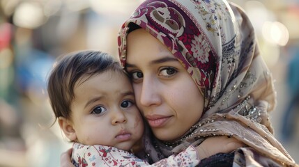 A mother who practices Islam wearing a headscarf holding her infant daughter