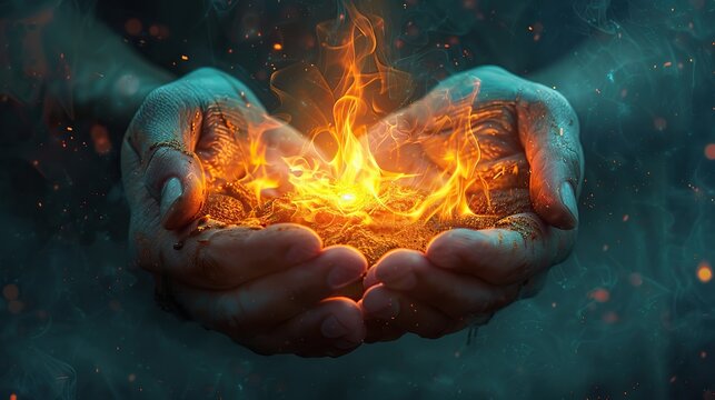 An illustration of hands cupping a small flame.