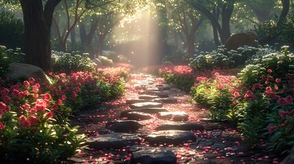 A digital depiction of a peaceful garden with a radiant light.