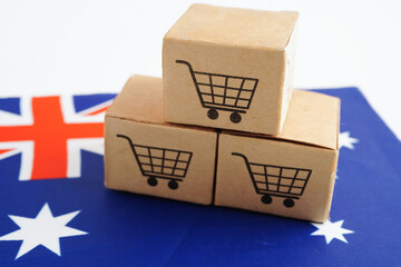 Online shopping, Shopping cart box on Australia flag, import export, finance commerce.