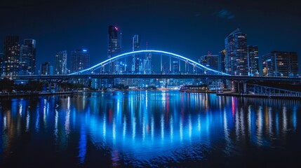 Obraz premium A beautifully illuminated bridge spanning a calm river at night, with the city skyline reflecting on the water.