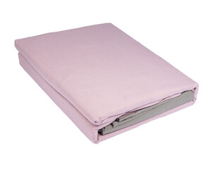 Linens set. Bedding set isolated on white. Set with stacks of clean bed linen on white background.