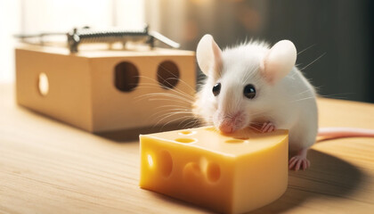 Fototapeta premium Close-up image of a small agile mouse with long whiskers eating a piece of cheese next to a mousetrap. The concept of free cheese is only in a mousetrap.