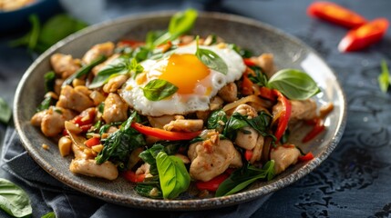 A beautifully presented plate of Thai basil chicken stir-fry (pad kra pao) with a sunny-side-up egg on top.