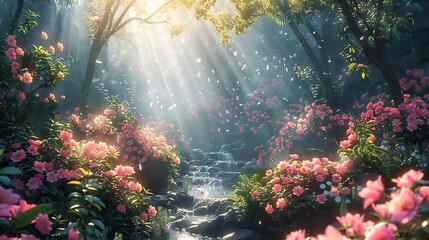A digital painting of a peaceful garden with a glowing aura.