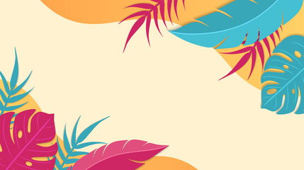 Obraz premium Summer tropical background design. Colorful summer banner with tropical leaves. Vector illustration