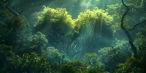 Fototapeta premium The sun's rays filtering through heart-shaped trees in a foggy forest, creating a magical and romantic landscape, perfect for lovers and Valentine's Day