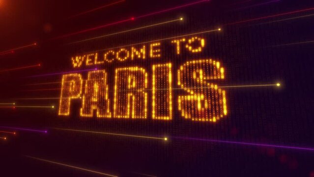 Abstract Futuristic Motion Orange Purple Shiny Perspective Square Hud Mosaic Grid Of Welcome to Paris Digital Display Text Reveal With Dotted Lines Light Flare, Seamless Loop