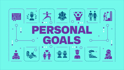 Fototapeta premium Personal goals light blue word concept. Self improvement. Career advancement. Goal setting. Visual communication. Vector art with lettering text, editable glyph icons. Hubot Sans font used