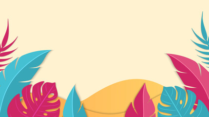Summer tropical background design. Colorful summer banner with tropical leaves. Vector illustration