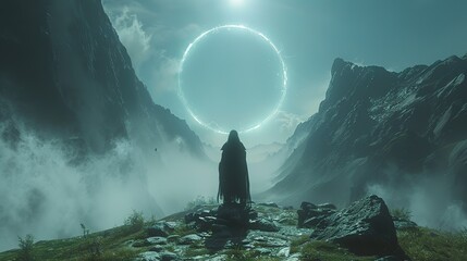 An image of a serene figure standing on a mountaintop with a halo of light.