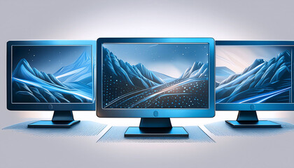 A detailed closeup illustration of three monitor screens arranged in a row with a transparent background. The image focuses on the precision and clarity of the monitors' design.