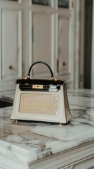 A high-end designer handbag displayed elegantly on a marble countertop.