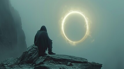 An image of a serene figure standing on a mountaintop with a halo of light.