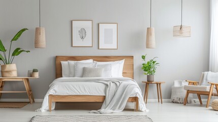 A bedroom with a Scandinavian design featuring clean lines, natural materials, and a minimalist aesthetic.