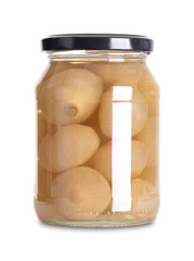 Borettane onions, pickled in a glass jar with screw cap. Italian pearl onions with flat and saucer-like shape, preserved in brine of water, white wine vinegar, sugar and salt. Front view, food photo.