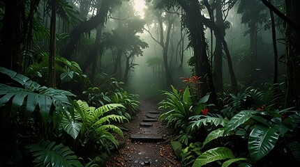  rainforest. The tall trees are covered in vines and other plants - Powered by Adobe