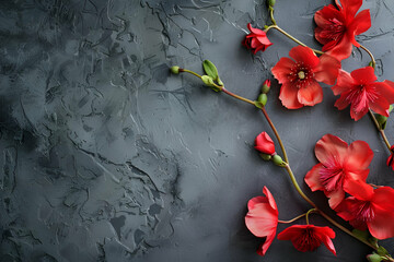 Delicate red flowers against a textured dark background, offering a striking yet respectful...