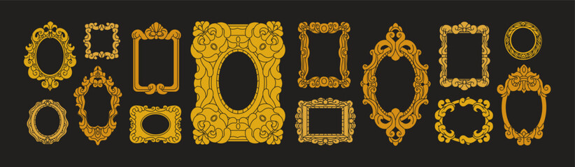 Victorian-style frames set. Antique vintage picture and mirror borders, decorative baguettes. Golden carved design for interior art, painting. Old gallery and museum decor. Flat vector illustrations