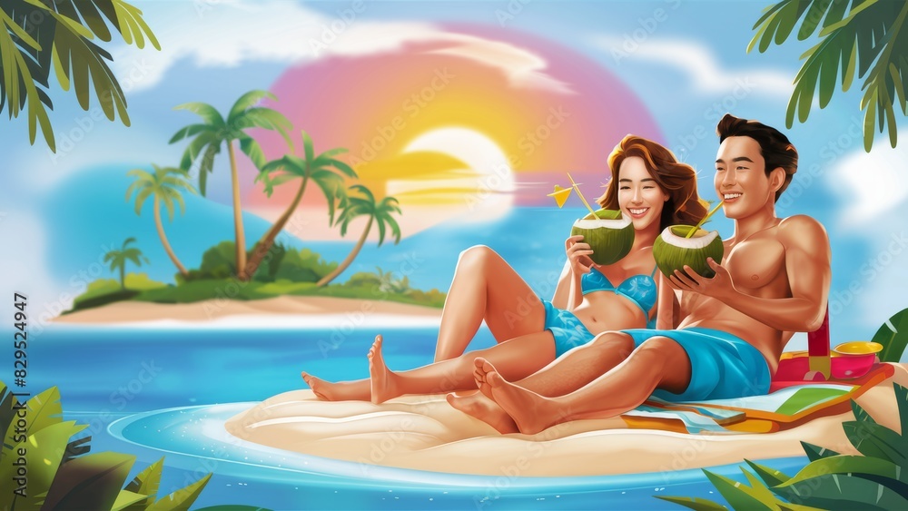 Sticker a cartoon couple on an island drinking coconut drinks, ai