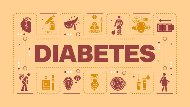 Diabetes peach word concept. Chronic illness. Symptoms and treatment. Blood glucose levels. Visual communication. Vector art with lettering text, editable glyph icons. Hubot Sans font used