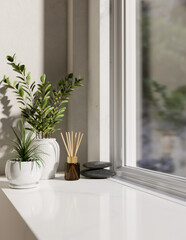 A space for displaying products on a white console table features potted plants against the window.