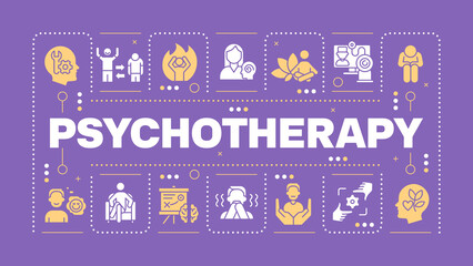 Psychotherapy purple word concept. Mental health. Therapy session. Online counseling. Visual communication. Vector art with lettering text, editable glyph icons. Hubot Sans font used