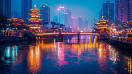 Fototapeta premium A bustling city bridge at night, with colorful LED lights illuminating its sides and vibrant reflections on the river.