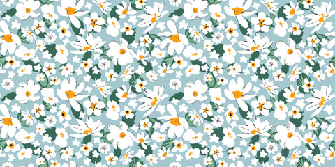 Daisy floral minimal seamless pattern. Shabby chic millefleurs. Will be fine for textile or book covers, manufacturing, wallpapers, print, gift wrap and scrapbooking.