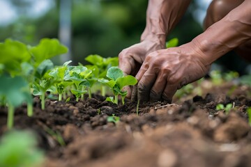 Senior Farmer hand Cultivating Fresh Vegetables in Springtime Garden- Agricultural Banner
