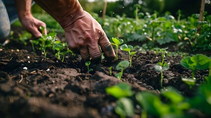 Hands of the farmer are planting the seedlings into the soil
