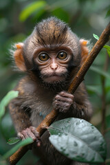 A baby monkey holding onto a branch, looking curious