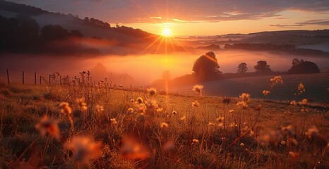 A picture of a golden sun rising over a peaceful valley.