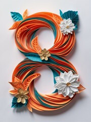 Elegant Quilled Number 8 Adorned with Orange and Blue Paper Flowers Paper Art .