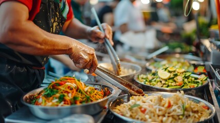 Obraz premium A chef skillfully preparing Thai street food at a bustling market stall, with vibrant ingredients and fresh herbs.