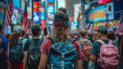 a young girl smiling at the camera while holding the American flag, during a United States Independence Day celebration. Taken from behind the crowd