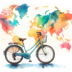 Bicycle on a watercolor world map background, drawing of a bicycle on a world map background
