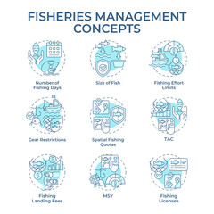 Fisheries management soft blue concept icons. Marine ecosystem, seafood production. Icon pack. Vector images. Round shape illustrations for infographic, presentation. Abstract idea