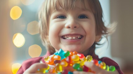 A child happily posing with a handful of candy, their face alight with happiness and a toothy grin.