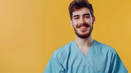 Fototapeta premium Friendly Healthcare Professional in Blue Uniform Smiling on Yellow Background