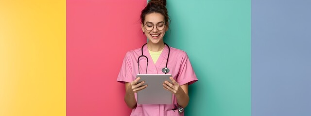 Friendly Young Female Medical Professional Working Remotely with Digital Tablet on Colorful Background