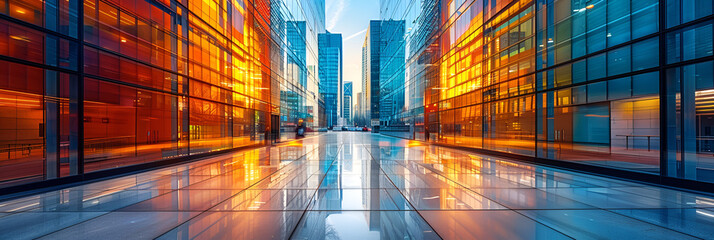 Abstract of modern office buildings in London,
Sunrise cityscape with reflective urban skyline and empty streets
